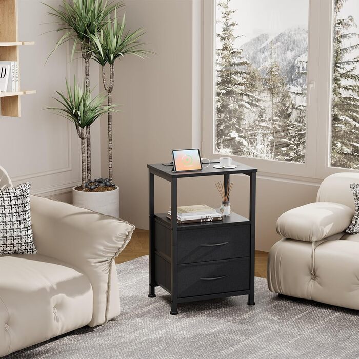 Нічний столик з LED-підсвічуванням та функцією зарядки, з ящиком, 3 розетки AC та USB-порти, для вітальні та спальні (40T x 30B x 60H cm, Чорний)