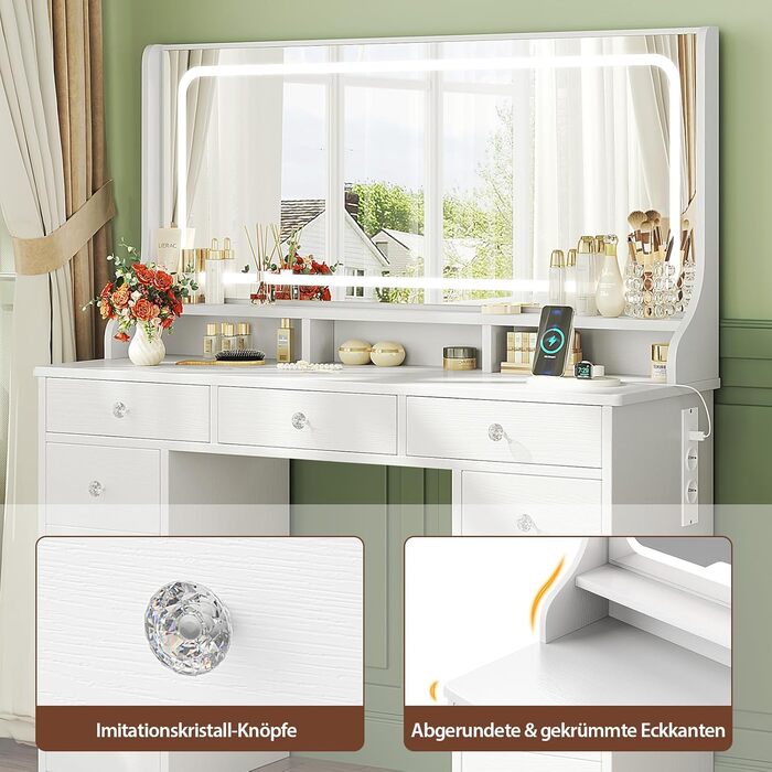 Діплекс туалетний столик з підсвіткою, 110 см, з 11 шухлядами та LED-дзеркалом, білий. Сучасний туалетний столик для спальні та гардеробної