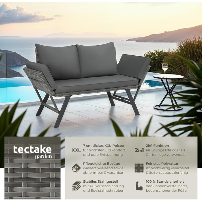 Садовий диван-шезлонг Tectake з ротангу, сірий - вуличні меблі для відпочинку з функцією сну та відкидними підлокітниками