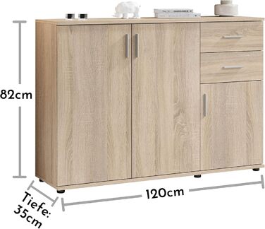 Комод Stella Trading BOBBY дуб Sonoma/White - сучасний сервант з місцем для зберігання, 120x82x35 см, 3 дверцята, 2 висувних ящика