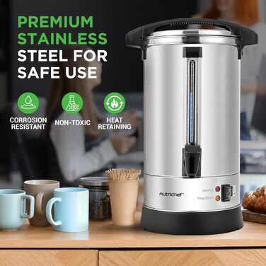 NutriChef Електричний Консервний Автомат та Дозатор Гарячої Води 13л – Нержавіюча Сталь з Безпечним Кришкою та Краном Без Підтікання | Функція Підтримки Теплоти для Глінтвейну, Чай, Кава | Для Професійного та Особистого Використання | 1100W Компактний При