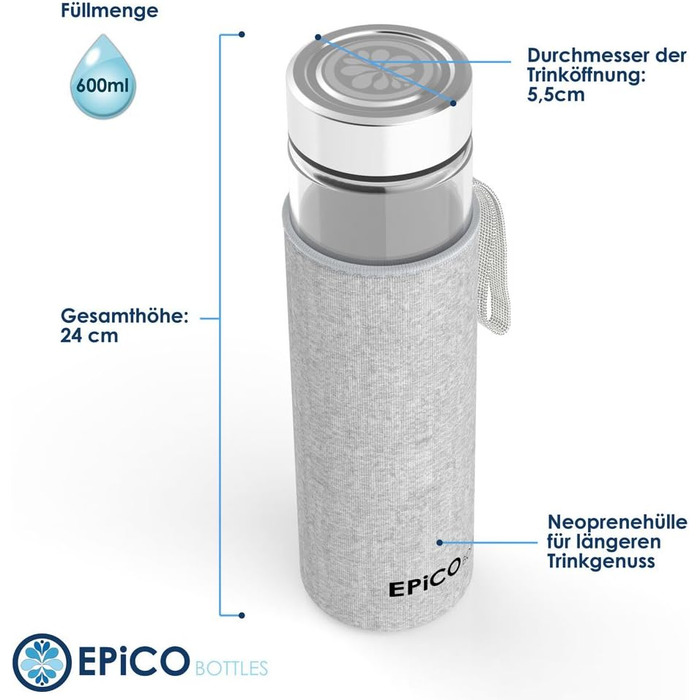 Класична пляшка для води скляна 600 мл - Скляна пляшка з неопреновим рукавом - Можна мити в посудомийній машині - Пляшка для води для офісу, в дорозі - Сірий без бісфенолу А 600 мл