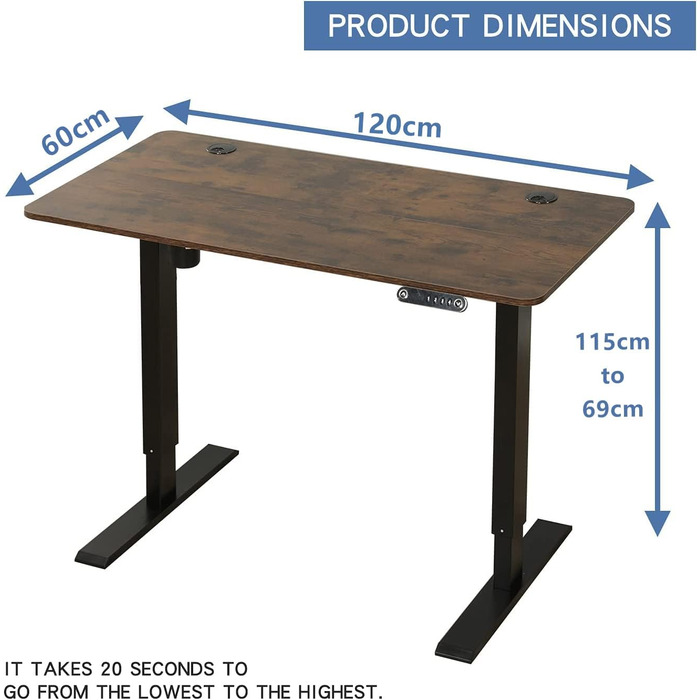 Електричний стіл IvyIvy з регулюванням висоти, 4 елементи керування пам'яттю, 60x120 см, коричневий