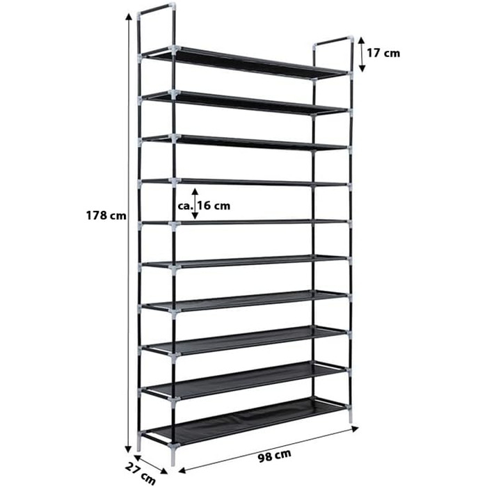 Полиця для взуття XXL на 50 пар, 10 рівнів, 178x100x29,5 см, регульована, водонепроникна