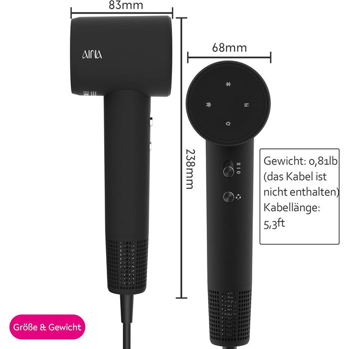 Високошвидкісний іонний фен для волосся AINA з безщітковим двигуном 160 000 об/хв, набір з дифузором, гребінцем та соплом, чорний (3A)