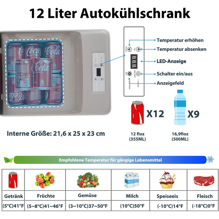 Alpicool C12PT 12L: Міні-холодильник для автомобіля з компресором, 12V, чорний | Автохолодильник для кемпінгу, RV, човна