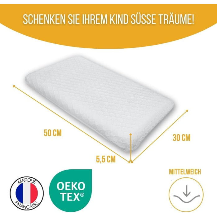 Дитяча подушка Inphysio з Memory Foam: бамбукова тканина, гіпоалергенна, 50x30x5.5 см, кремовий колір