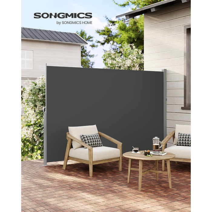 Сонцезахисна бічна маркіза SONGMICS 180×450 см, антрацит, сталева касета, вітрозахист, для балкона, тераси, саду