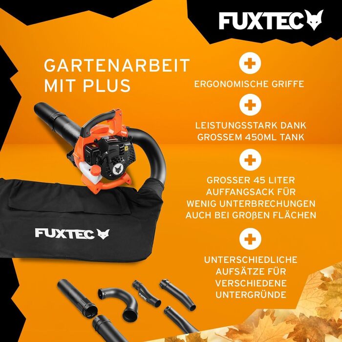 ФУКСТЕК Бензиновий Листозбір 4в1 FX-LBS126, 2-тактний Листоподіймач та Подрібнювач, 2 Труби та 45л Збірник – Перевірена Верхня Лінія, Швидкість Повітря 71 м/с