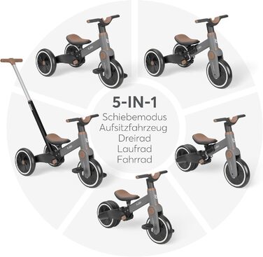 KikkaBoo Flash 5-в-1: Біговел/Триколісний велосипед для дітей від 18 місяців, сталевий каркас, EVA колеса, регульована ручка, сірий