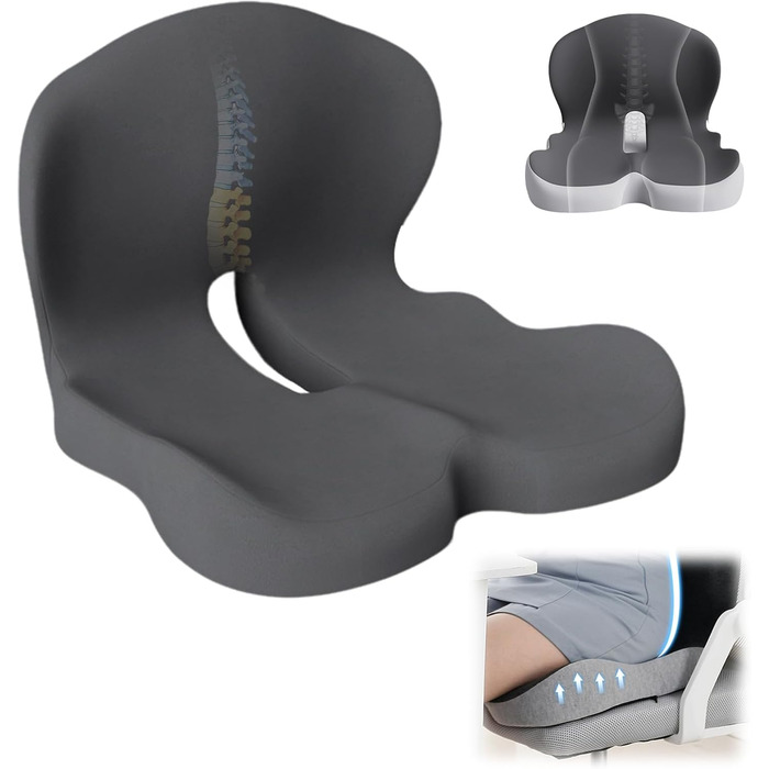 Ортопедична подушка для спини та сидіння з Memory Foam, ергономічна, з підтримкою попереку, для офісних та автомобільних крісел (темно-сірий)