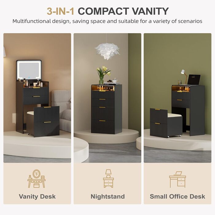 Трюмо Lvifur з LED-дзеркалом та 3 шухлядами, кутовий, для спальні, квартири, гуртожитку, білий (чорний)