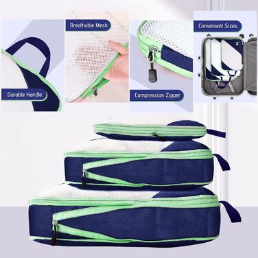 Набір компресійних органайзерів для одягу AiQInu (5 шт), ультралегкі сумки для пакування в подорожі з мішком для взуття та білизни, темно-синій