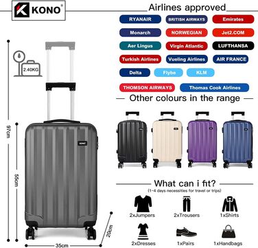 KONO Легкий ручний багаж, 55 x 35 x 20 см, жорсткий корпус, ABS, 4 колеса, сірий колір