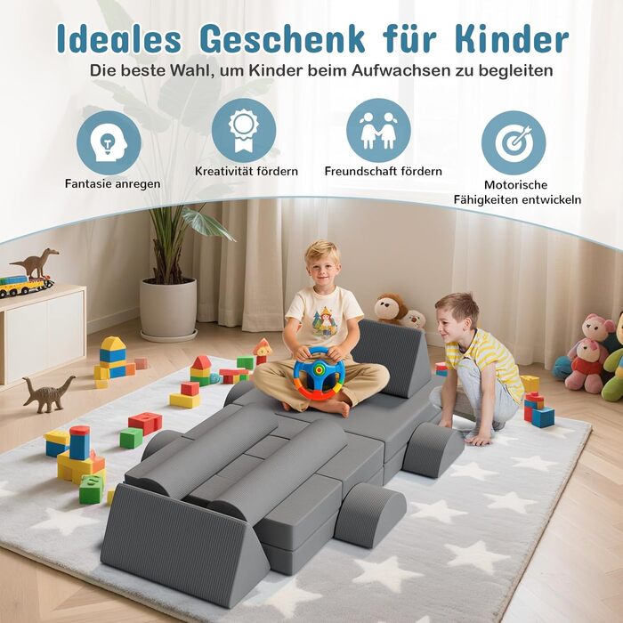 Модульна дитяча кушетка-конструктор MAMIZO Spielsofa Cord, 15 елементів, сірий колір. Кушетка для ігор та відпочинку, екологічна тканина Oeko-Tex, для дитячої кімнати.