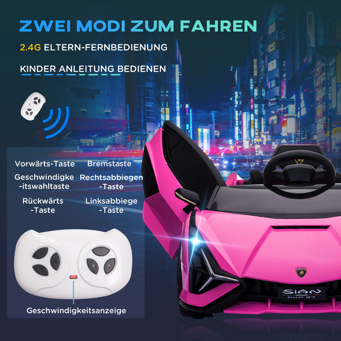 Дитячий електромобіль HOMCOM Lamborghini, 3-5 км/год, з дистанційним керуванням, для дітей 3-5 років, рожевий