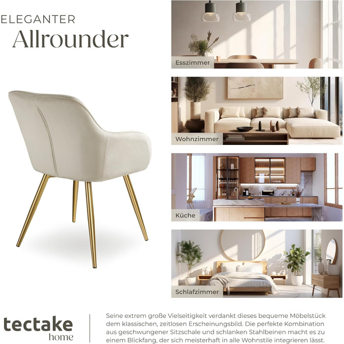 Крісло tectake® Esszimmerstuhl: зручне крісло з підлокітниками, м'яке крісло з оксамитової тканини, крісло для вітальні, їдальні, сучасні кухонні стільці, офісне крісло, кремово-золотий колір, 1 шт.