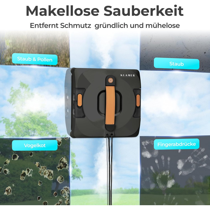Робот-прибиральник вікон KLAMER 3500 Pa – автоматичний мийник вікон з резервуаром для води 100 мл, функція вологого прибирання, розпізнавання країв, тиха робота 60 дБ, захист від падіння та інтелектуальне планування маршруту (Чорний)