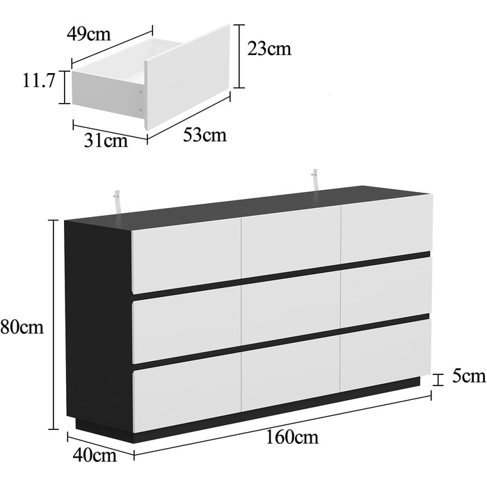 Комод білий/чорний з 9 шухлядами для вітальні/спальні, 160