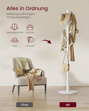 Стійка для одягу VASAGLE, дерев'яна, у формі дерева, з 8 гачками, для передпокою, RCR010B01 (Хмарний білий)