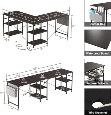 Ігровий кутовий стіл L-подібної форми з LED-підсвічуванням та розетками, 140x140 см, реверсивний комп'ютерний стіл з підставкою для монітора, 4 полиці та бічні кишені для дому та офісу (Чорний, 140x140x74 см)