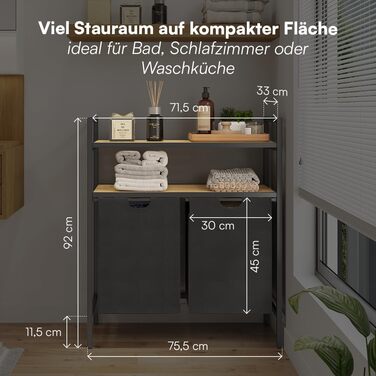 STEELSØN Сортувальник для білизни Rigil з 2 відділеннями та бамбуковою полицею – кошик для білизни на 2 контейнери по 45 л, чорного кольору – металевий сортувальник білизни з висувними мішками – контейнер для брудної білизни з 2 відділеннями та полицею