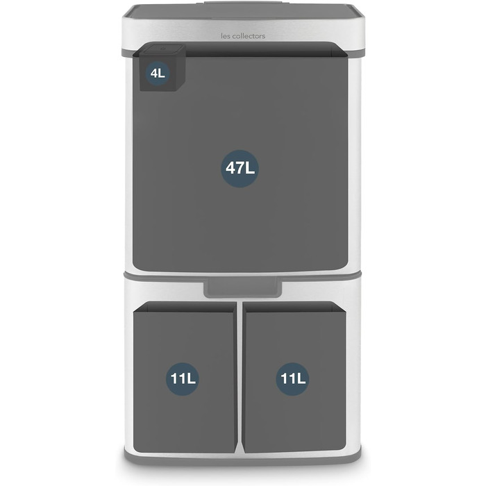 Сміттєвий бак Les Collectors з нержавіючої сталі, 69 л, 3 відсіки (47+11+11 л), автоматичне відкриття, інфрачервоний датчик, тиха закриття, дизайн з нержавіючої сталі
