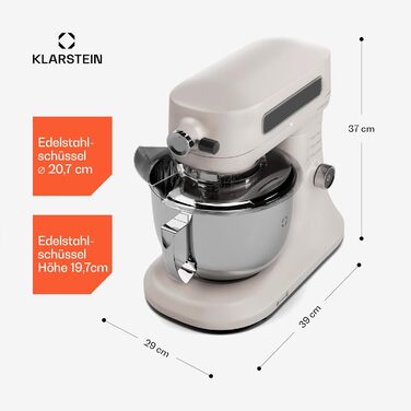 Кухонна машина Klarstein Chiara 1600W з чашею 5L з нержавіючої сталі, 12 швидкостей, LCD-сенсорний дисплей, тиха робота ≤72 dB, набір для випічки, що підходить для миття в посудомийній машині, корпус з алюмінію методом лиття під тиском