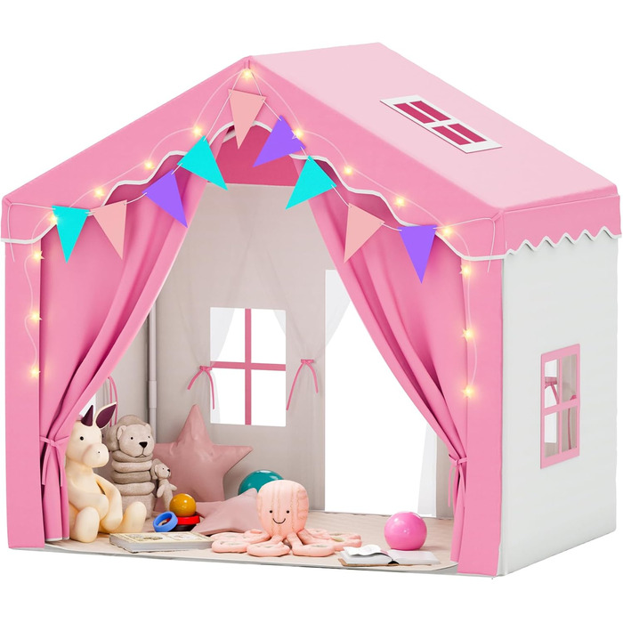Дитяче намет-ігровий будиночок EROMMY 2-в-1 з килимком, прапорцями та світлодіодними смугами, з двома дверцятами, з даховим віконцем, для дому, 3+ роки (Рожевий)
