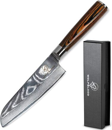 Ніж Santoku Wolfblood з дамаської сталі 67 шарів (24 см) - професійний кухонний ніж з дерев'яною ручкою, подарункова коробка та захист леза