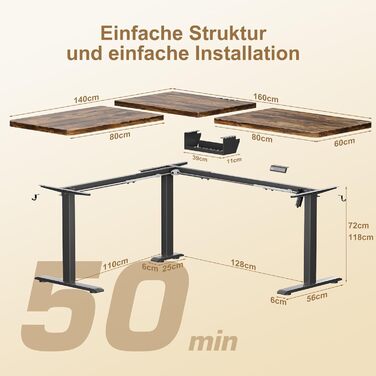 Регульований кутовий стіл 160x140 см з полицею, електропривод, коричневий