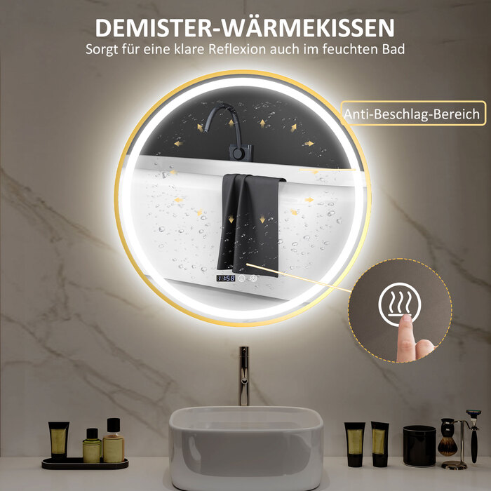 Дзеркало для ванної кімнати з підсвіткою LED, з функцією запобігання запотіванню, сенсорним керуванням та дисплеєм.