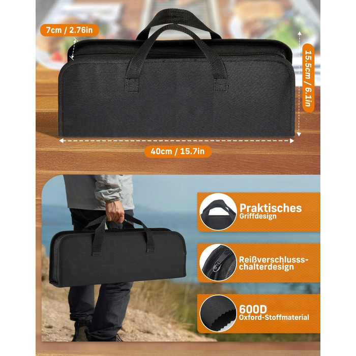 Набір гриль-посуду, 12 предметів, нержавіюча сталь, з кейсом, довговічні інструменти для гриля, кемпінгу, професійний набір для чоловіків та жінок