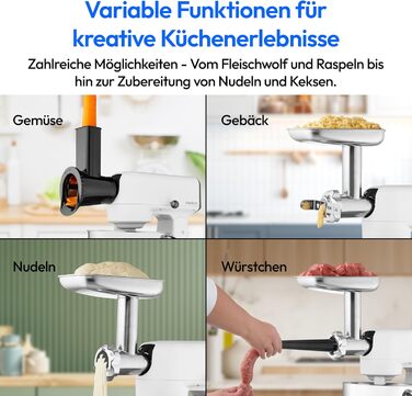 Кухонна машина MEDION MD 12600 з м'ясорубкою, 4.6 л чаша з нержавіючої сталі, тихий двигун, 800 Вт, набір насадок для натирання, шинкування та нарізання, сенсорний дисплей, міксер, тістоміс