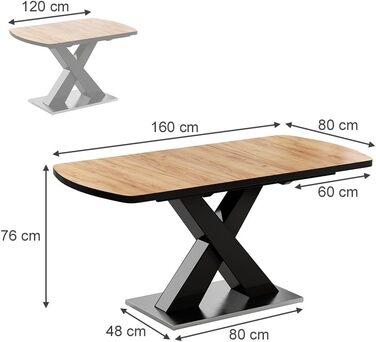 Розсувний обідній стіл Vicco Chinto, 120x80 см, чорний/білий (чорний/дерево, 120-160x76x80 см)