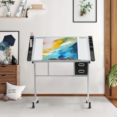 Регульований стіл для малювання Magshion з нахиленою скляною стільницею, переносний з 2 шухлядами та колесами, для художників, студентів (прозорий)