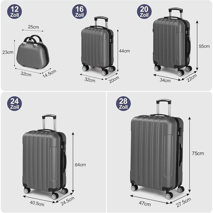 Набір валіз LALAHO 5 шт. з косметичками, ABS, турквіс (смужки)