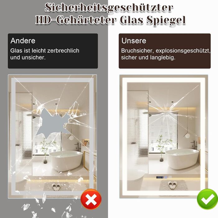 Дзеркало для ванної кімнати Mursche з підсвічуванням LED, 50x70 см, IP44, сенсорний вимикач, годинник, антизапар, регулювання яскравості 3000K-6500K