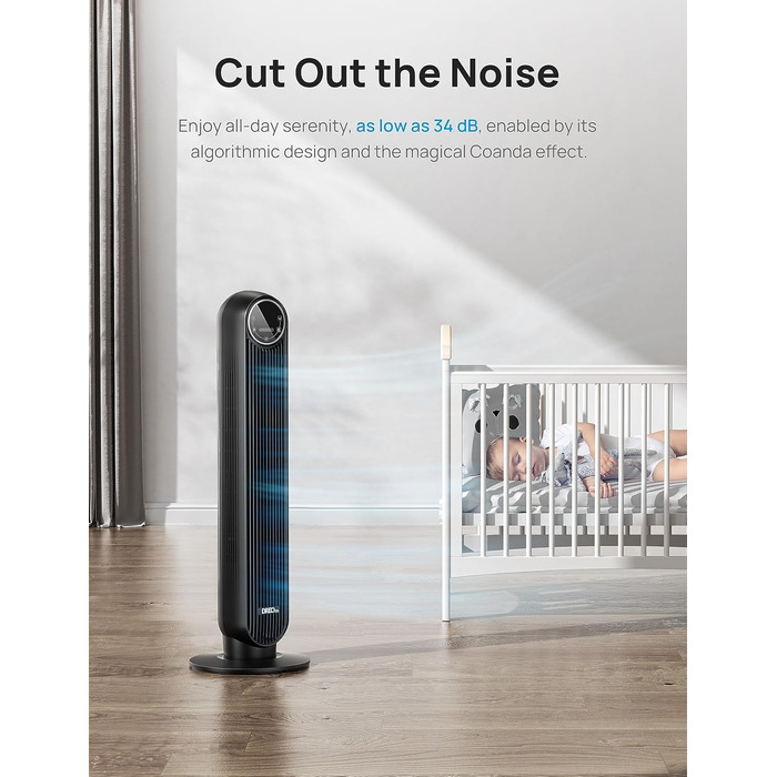 Dreo Smart Tower Fan - Безшумний вентилятор з керуванням через додаток та голосовим управлінням, 90° обертання, 4 режими, 4 швидкості, таймер 8 годин, Nomad One S, чорний