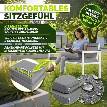 Садова лавка Tillvex® 3-4 місця з подушками та чохлом, вулична, стійка до погодних умов, деревоподібна, до 300 кг, сіро-біла (130 см)