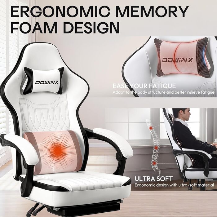 Ігровий крісло Dowinx з дихаючого PU-шкіри, з підніжкою, масажем, підтримкою попереку, велике та високе, ергономічне, з кишеньковим пружинним подушками, для дорослих та підлітків (Чорний та Золотий)