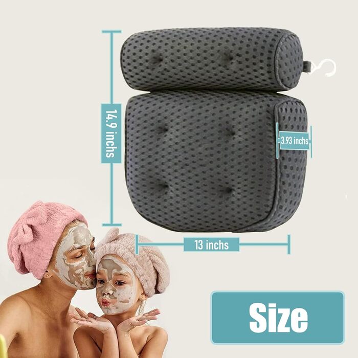 Подушка для ванни з піни Memory Foam, антиковзка, для шиї та спини, 4D вентиляція, 6 присосок, сіра