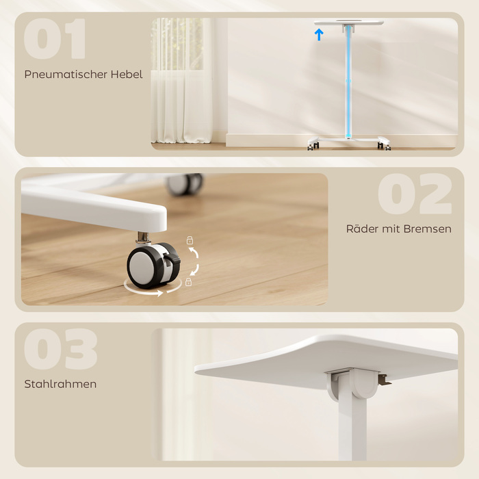 Регульований за висотою стіл для стояння, мобільний стіл з нахиленою стільницею, стопор безпеки, колеса, білий