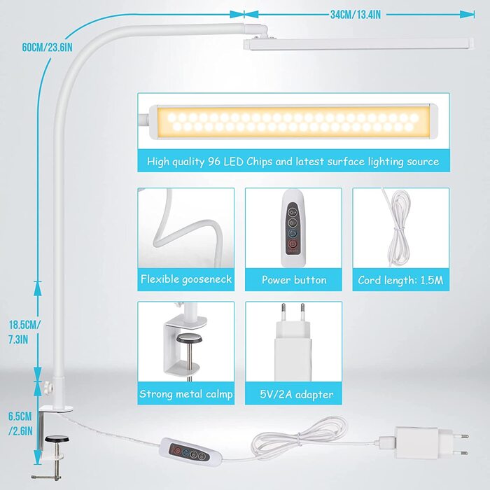 Світлодіодна настільна лампа з затискачем, 14 Вт затискна лампа з гусячою шиєю, робоча лампа для архітекторів 1100 лм 5 кольорів X 10 рівнів яскравості з регульованою яскравістю, затискна лампа для захисту очей, Офісна настільна лампа, чорний (гусяча шия 