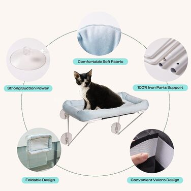 Підвіконня для великих кішок MEWOOFUN, складаний, міцний гамак для кішок, 100 металевий, з опорою на ліжко для домашніх кішок, що вміщає до 18 кг, 52 х 30 см, (готовий виріб)