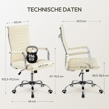 Офісний крісло Yaheetech з ергономічною спинкою та підлокітниками, для офісу та дому, до 136 кг, білий (бежевий)