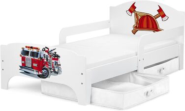 Дерев'яне дитяче ліжко Leomark SMART - Пожежна охорона - Дитяче ліжко з висувними ящиками для постільної білизни, ліжко пожежне з матрацом, місце для зберігання, захист від випадання рейковий каркас, зона лежання 140 х 70 см Пожежна машина