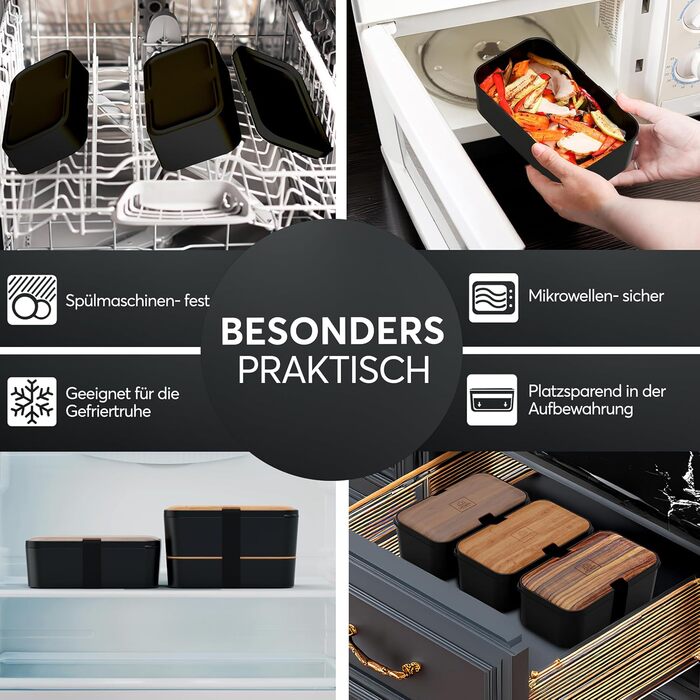 Ланчбокс Umami для дорослих, 1200 мл, з відділеннями та столовими приборами, чорний & бежевий