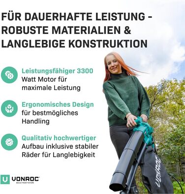 Електричний повітродув-пилосос VONROC 3300W 3-в-1 з функцією подрібнення листя та мішком для збору 40л
