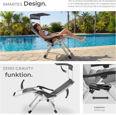 Тектейк® Розкладна сонцелюстра, шезлонг для саду з сонцезахисним дахом, вуличний крісло для балкона або саду, лежак з додатковою товстою подушкою, розслаблюючий лежак, витримує до 200 кг - (1 шт. - з сонцезахисним дахом, чорний)